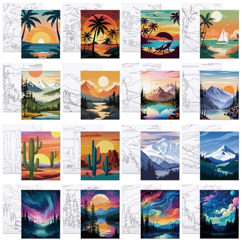 16 Pcs Pre Drawn Canvas to Paint for Adults Kids Sip and Paint Kit | Pre Printed Canvas for Painting DIY Art Party Supplies Girls Night Date Night (Landscape, 8x10 in) - size: 8x10 in, style: Landscape