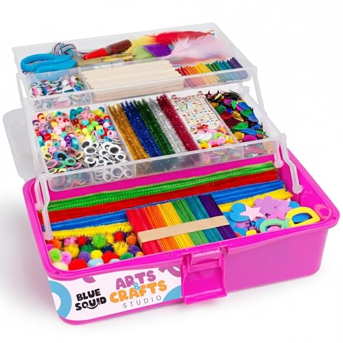 Blue Squid Arts & Crafts Box (Pink)- 2800+ pcs Deluxe Craft Supplies Box, 2 Drawers, 18 Compartments, Sturdy Handle - Art Crafting Kit Birthday Gifts for Kids, School Supply for Ages 4-12 - color: Pink