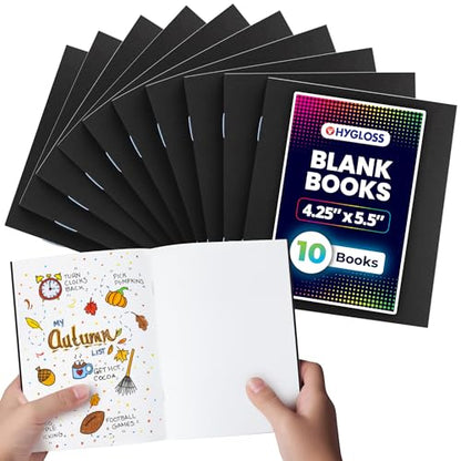 Hygloss Blank Books - Bulk 10 Pack – 4.25" x 5.5" A6 Black Paperback Blank Books for Kids to Write Stories, Doodle, Arts & Crafts – Plain Drawing Sketchbook, Unlined Journal, Notebook Without Lines - color: Black, style: 10 Books
