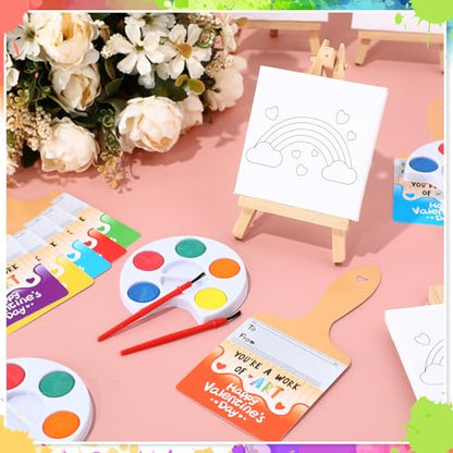 Skyygemm 24 Sets Valentines Day Gifts for Kids Valentines Cards Mini Painting Canvas Panel with Wooden Easel Watercolor Paints Brush Kit for School Classroom Exchange Gifts (Rainbow) - style: Rainbow