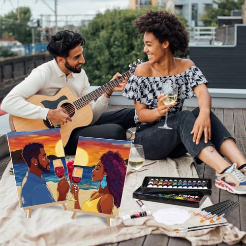 Cholemy 36 Pcs Paint and Sip Kit for Adults 8''x10'' Pre Drawn Canvas for Painting DIY Afro Acrylic Painting Kit Wood Easel Brushes Date Night Bulk for Summer 4th of July Party Gift(Couple) - style: Couple