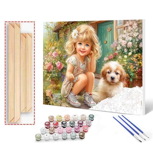 Tucocoo Beautiful Girl and Puppy Paint by Numbers for Adults Flower Garden Cottagecore Art DIY Paint by Number Acrylic Paint Canvas Floral Dog Painting Kits Art Home Decor Gift 16x20 Inch (DIY Frame) - color: Artwork-20, size: 16''x20''(DIY Frame)