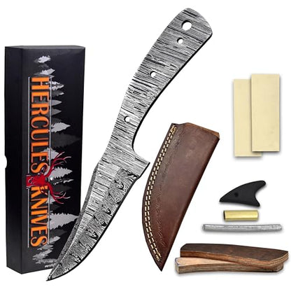Custom Hand Forged Damascus Steel Blank Blade Diy Knife Making Kit Including Wooden Scale, Leather sheath, Pin, Damascus Blade Billet Knife Making Supply (BK-H) - color: BK-H