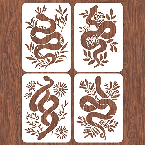 INFUNLY 4pcs Snake Flower Wall Stencils for Painting Plant 11.7x8.3 Tile Stencil Set Reusable Plastic Wall Stencils Template for Painting on Wood Wall Furniture Floor Tiles Fabric DIY Home Decor - color: Snake Flower Wall Stencils