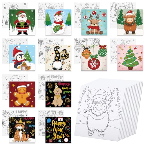 Anseal 12 Packs Pre Drawn Canvas to Paint, 4" X 4" Merry Christmas Happy New Year Pre-Printed Canvas Paint Party, Stretched Outline Painting Boards for Beginners, Party Favor - style: Christmas