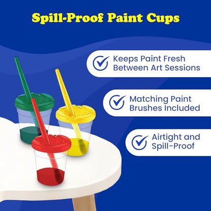 EXTRIC Washable Paint for Kids 6 PK x 8oz Bottles, Paint Cups & Brushes