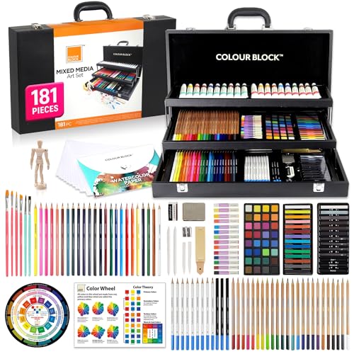 COLOUR BLOCK 181-Piece Mixed Media Art Set in PU Leather Case for Drawing Sketching Painting, Soft Oil Pastels, Acrylic Watercolor Paints, Pencils, Art Supplies Kit for Artists, Professional, Adults, Beginner
