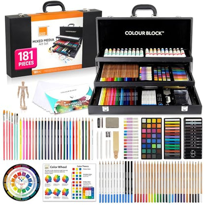 COLOUR BLOCK 181-Piece Mixed Media Art Set in PU Leather Case for Drawing Sketching Painting, Soft Oil Pastels, Acrylic Watercolor Paints, Pencils, Art Supplies Kit for Artists, Professional, Adults, Beginner