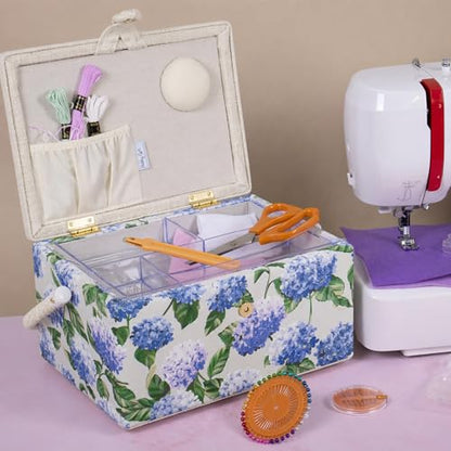 Hobby Gift Medium Sewing Box Organiser, Fabric Covered Storage Box with Handle, Internal Tray, Pin Cushion and Pocket for Sewing, Quilting and Knitting Supplies - color: Blue Hydrangea