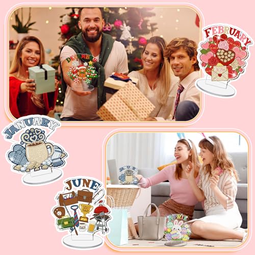 YooNotee 12 Sets Interchangeable Seasonal Diamond Art Tabletop Decorations Holiday Diamond Art Painting Kit with 12 Acrylic Base for Table Tiered Tray Decor Craft Graduation Centerpiece (Calendar) - style: Calendar