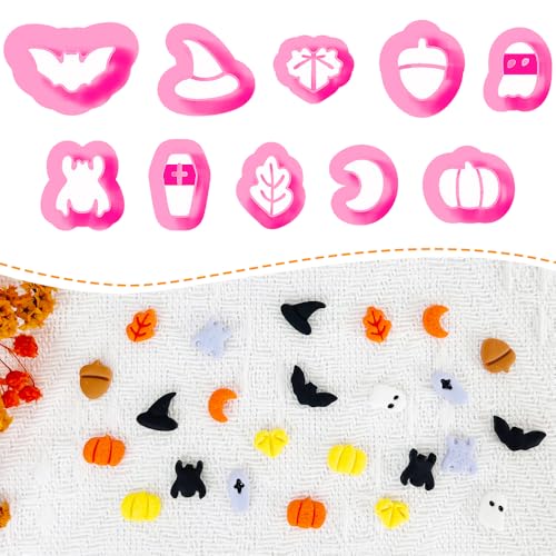 Xaekicr Halloween Polymer Clay Cutters Set - 10Pcs Clay Cutters for Polymer Clay Jewelry, Small Size Clay Tools for Earrings DIY, Fall Pumpkin Bat Witch Hat Molds - color: D color