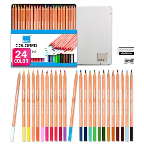 COLOUR BLOCK Piece Colored Pencil Coloring Set - Color Set with Cedar Wood Handles and Aluminum Storage Case- Ideal for Students, Artists, Beginners and Kids (24-Colored)
