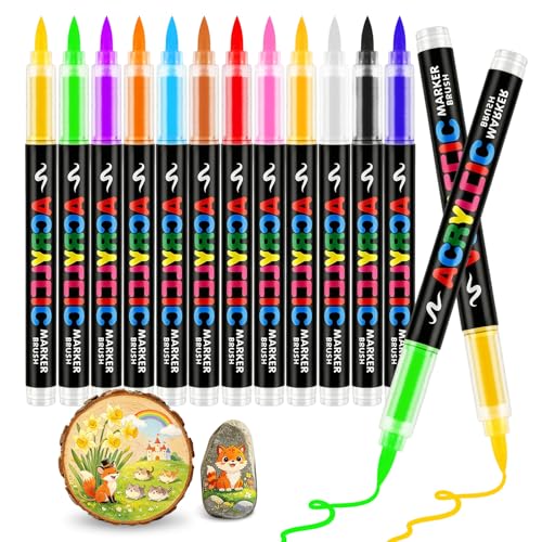 Acrylic Paint Markers Brush Tip,12 Colors Paint Pens for Rock With Direct-Liquid Ink Control , Acrylic Paint Pen Set No-Bleed Coloring Markers for Wood, Stone, Glass, Ceramic,Painting, DIY Crafts - color: 12 Colors