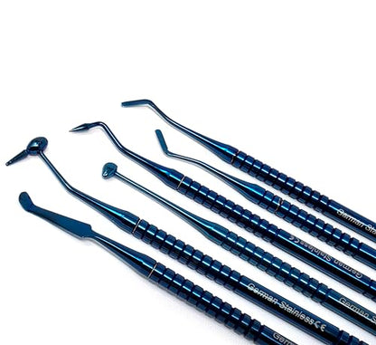 Composite Dental Set of 6 pcs Restorative Plastic Filling Restoration Preparation Carvers Contouring Plugger Ball Burnisher Tooth Cavity Various Decay Removal Double Ended Instruments (Blue) - color: Blue