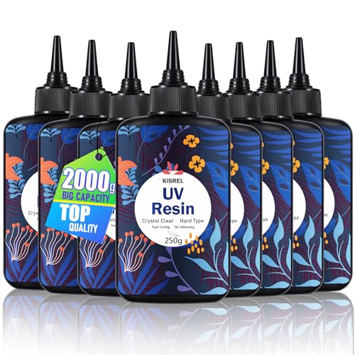 KISREL UV Resin 2000g，8 x 250g UV Resin Kit, Hard Type Crystal Clear Ultraviolet Curing UV Epoxy Resin for Craft Jewelry Making - size: 2000 g