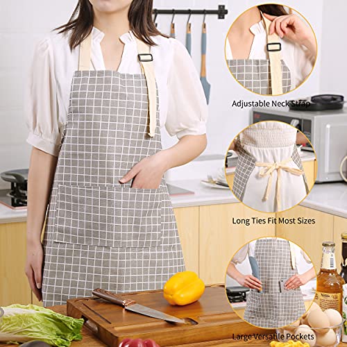 Tosewever 2 Pieces Kitchen Cooking Aprons, Waterproof Linen Adjustable Bib Aprons with 2 Pockets for Women Men Chef (Grey Stripes/Plaids, 2) - color: Grey Stripes/Plaids