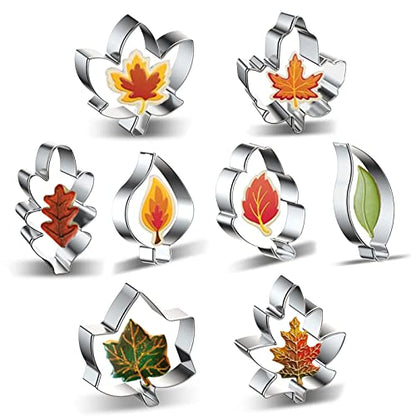 Fall Leaves 8-Piece Leaf Cookie Cutter Set - Maple Leaf, Oak Leaf, Teardrop Leaf Cookie Cutters Shapes Biscuit Fondant Molds for Fall Autumn Thanksgiving Christmas Birthday Wedding Party Decorations
