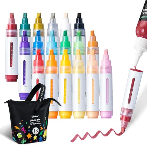 Ohuhu Acrylic Paint Markers 18 Colors Reversible Tip Jumbo Chisel & Round Acrylic Markers Excellent Coverage Paint Pens Water-Resistant Permanent for Poster Wood Glass Ceramic Rock - Mauna Kea