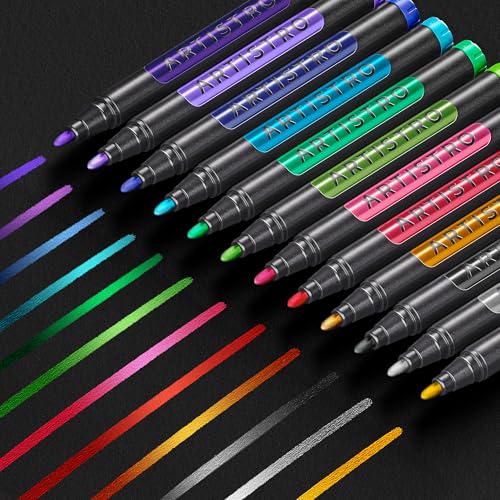 ARTISTRO 12 Metallic Paint Pens for Glass Marking, Rock Painting, Ceramic, Wood, Fabric, Scrapbooking, DIY Craft Making, Coloring - Acrylic Paint Markers Bullet Tip 2.5mm - color: Metallic, style: Bullet