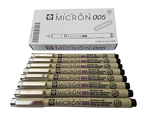 Sakura Pigma Micron pen 005 Black ink marker felt tip pen, Archival pigment ink, fine point for artist drawing pens - 8 pen set