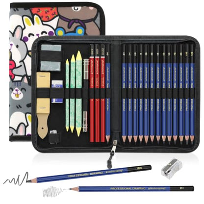 25 Pack Sketching Pencil Set with Cartoon Case, Graphite Drawing Pencils Kit with Charcoal, Blending Stumps & Erasers, Professional Art Supplies for Artists, Beginners, Shading