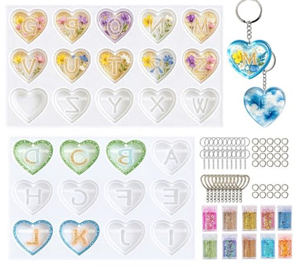 GEOCCI Keychain Resin Molds, 27 Cavities Heart-Shaped Alphabet Resin Mold Kit for Keychain, Pet Tag, Crafts Making（Silicone Products with Holes）