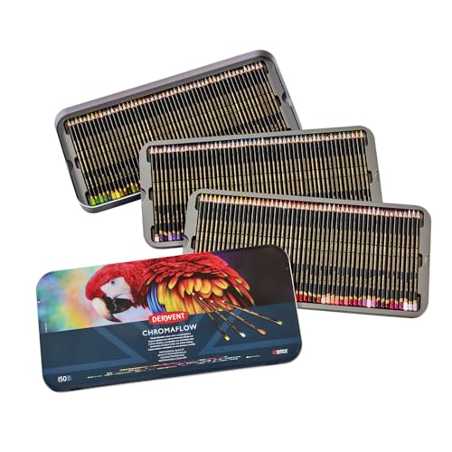 Derwent Chromaflow Pencils, Set of 150 in Tin, 3.5mm Round Core, Premium Core Strength, Blendable with Smooth Texture, Ideal for Drawing, Coloring & Layering, Professional Quality (2306263) - size: 150 Count (Pack of 1)