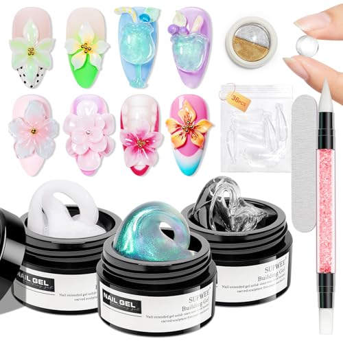 Sculpting Gel for Nail Art, Non-Stick Hand 3D Gel Nail Art Clear White and Green Aurora Molding Nails for Home Manicure, Nail Salon, Nail Charms, Solid, Extension, Carving Builder Gels - color: Clear&Mikly White&Aurora Green