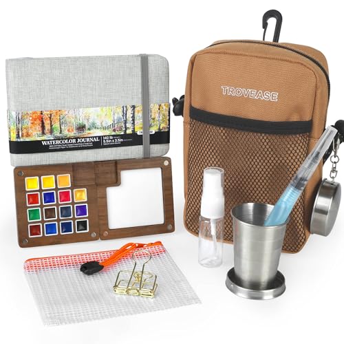 Trovease Mini Watercolor Travel Set Anti-Warp Wood Pocket Watercolor Set | 15-Color Solid Pigment Pocket Palette, 140lb Cotton Journal, Tear-Resistant Bag, Urban Plein Air Sketching Kit - color: 15 Colors