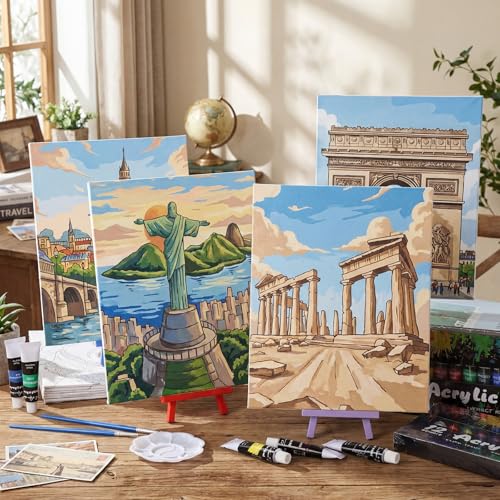 Sherr 108 Pcs 12 Set Landmarks Sip and Paint Kit for Adults 8''x10'' Pre Drawn Canvas to Paint DIY Acrylic Painting Kit Pre Printed Canvas for Date Night Easter Mothers Day Party Team Building - style: Landmarks