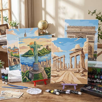 Sherr 108 Pcs 12 Set Landmarks Sip and Paint Kit for Adults 8''x10'' Pre Drawn Canvas to Paint DIY Acrylic Painting Kit Pre Printed Canvas for Date Night Easter Mothers Day Party Team Building - style: Landmarks