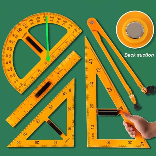 5PCS Magnetic Geometry Set, 60°45°Triangle Ruler Protractor Compass Set with Non Slip Handle, Large Geometry Ruler Drawing Tools for Teachers on Whiteboard Math Classroom - color: Ruler Compass Protractor Set of 5