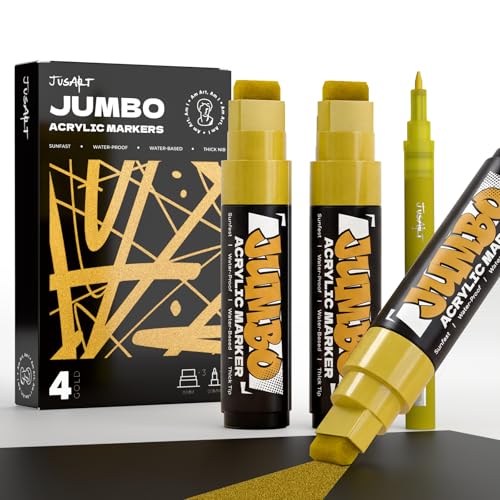JusArt 4 Pcs Gold Jumbo Poster Marker Set, 15mm Wide Tip and 0.7mm Fine Tip, Acrylic Paint Markers for Rock, Fabric, Window, Metal, Banner - color: Gold