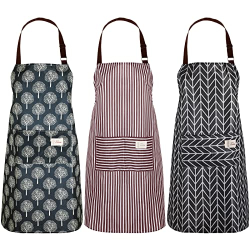 SATINIOR 3 Pieces Waterproof Bib Apron with 2 Pockets Adjustable Cooking Kitchen Apron for Women Men Chef BBQ Baking Cleaning - color: Black, Coffee and Grey