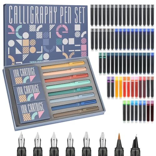 Calligraphy Pen Set 74pcs- 8 Calligraphy Fountain Pens with Varied Nibs, 66 Ink Cartridges(14 Colors)-Writing, Drawing, Calligraphy Practice for Beginner GC-F866