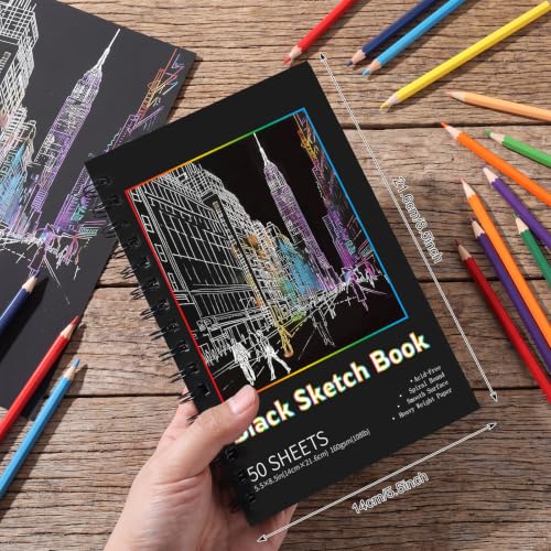 100 Sheets Black Paper Sketchbook(2 Pack), 108 lb/160gsm Heavyweight Black Sketch Pad 5.5×8.5in, Acid-Free Drawing Paper, Spiral Bound Sketch Book for Kids, Teens, Artist - size: 5.5×8.5 Inch (2 Pack )