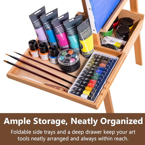 Large Wooden H-Frame Studio Easel with Storage Drawer and Palettes, Solid Beechwood Painting Easel for Students, Beginners, and Artists, Hold Canvas to 36Inches High - style: Side Trays Natural