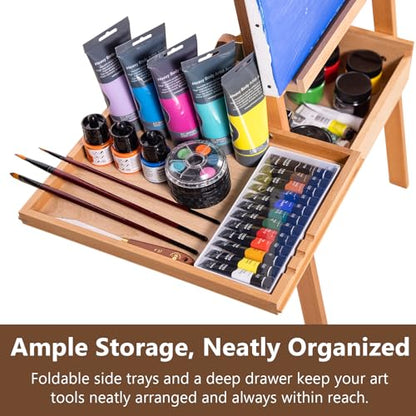 Large Wooden H-Frame Studio Easel with Storage Drawer and Palettes, Solid Beechwood Painting Easel for Students, Beginners, and Artists, Hold Canvas to 36Inches High - style: Side Trays Natural