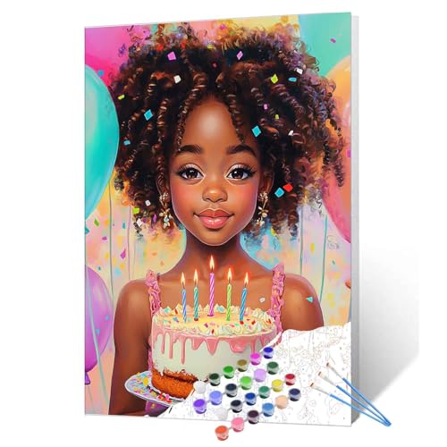 Tucocoo Paint by Number Cheerful African Girl DIY Painting Kits on Canvas with Brushes Acrylic Paints Birthday Cake Colorful Art Paint by Numbers for Adults Beginner 16x20 Inch (DIY Frame) - color: Artwork-13, size: 16''x20''(DIY Frame)