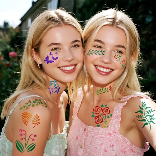 142 PCS Botanical Wildflower Temporary Tattoo Stencils for Kids Adult Flowers Leaves Plants for DIY Drawing Wood Rock Crafts Wall Door Painting School Art Projects, Body Face Paint Stencils