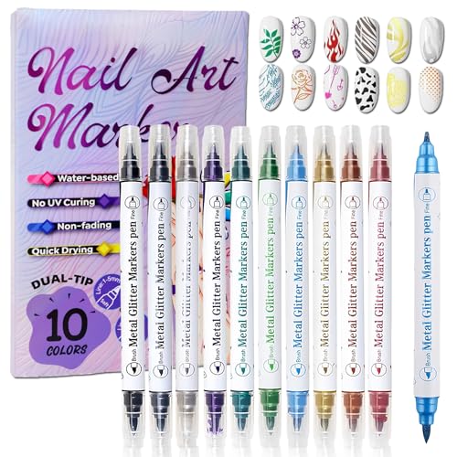 NovaCharm 10 Colors Nail Art Pens Set, Dual Tip Metallic Nail Art Markers, Water Based Glitter Nail Pens, Fine Liner & Brush Tip Nail Drawing Pens for DIY Nail Designs, No UV Quick Dry