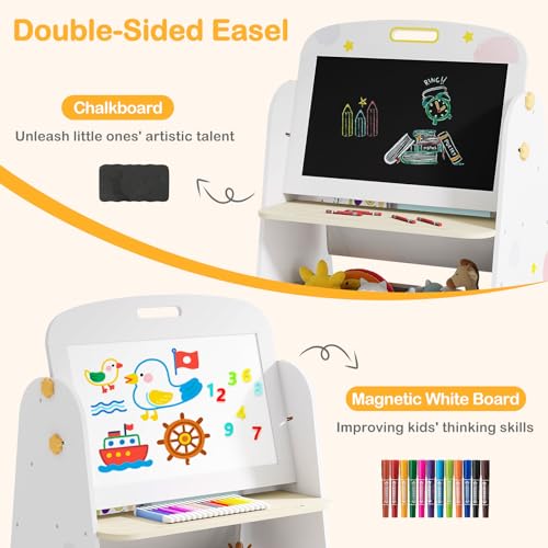 INFANS Easel for Kids with Stool, 4-in-1 Double-Sided Adjustable Magnetic Chalkboard with Paper Roll, Bookshelves, Wheels, Wooden Standing Painting Drawing Art Board for Boys Girls - style: Puppy