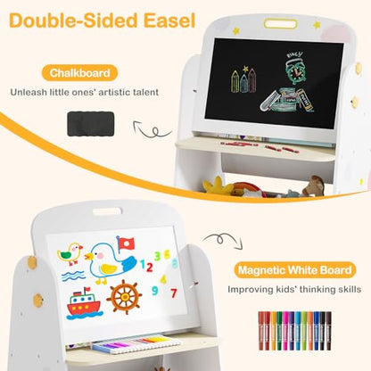 INFANS Easel for Kids with Stool, 4-in-1 Double-Sided Adjustable Magnetic Chalkboard with Paper Roll, Bookshelves, Wheels, Wooden Standing Painting Drawing Art Board for Boys Girls - style: Puppy