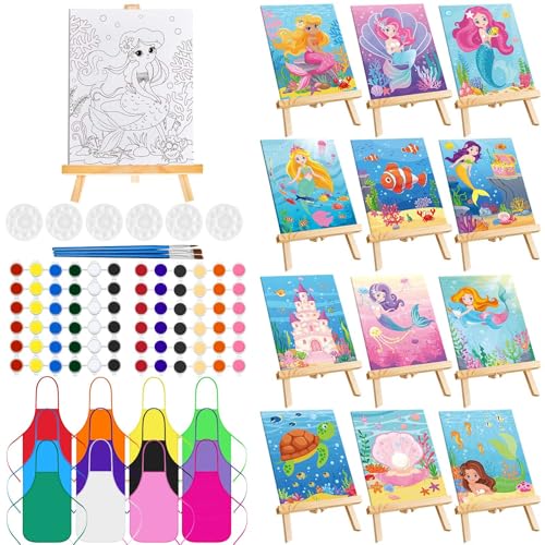Ireer 12 Set Paint Party Set 8 x 10 Sip and Paint Kit Include 12 Printed Pre Drawn Canvas Panel, Wooden Easels, Palettes, Pots, Apron 36 Brushes for Adult Art DIY Party(Mermaid) - style: Mermaid