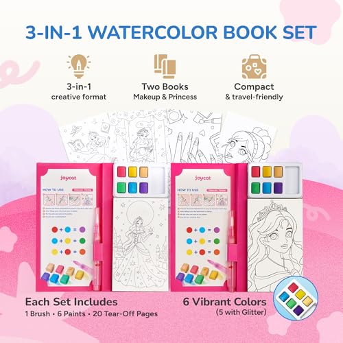 JoyCat 2 Pack Pocket Paint with Water Coloring Books for Kids, Art & Craft Activity Toy Set, Creative Travel & Home Painting Kit, Gifts for Girls & Boys Ages 3-8 (Makeup & Princess) - style: 2 Pack - Makeup & Princess