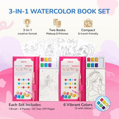 JoyCat 2 Pack Pocket Paint with Water Coloring Books for Kids, Art & Craft Activity Toy Set, Creative Travel & Home Painting Kit, Gifts for Girls & Boys Ages 3-8 (Makeup & Princess) - style: 2 Pack - Makeup & Princess