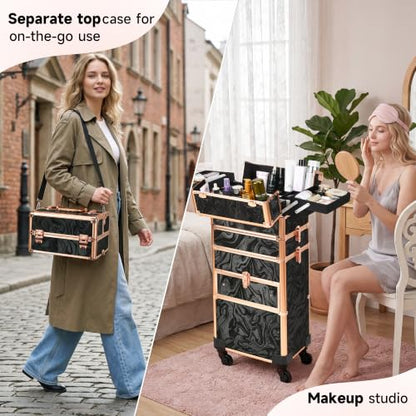 Somduy Rolling Makeup Case with Drawer, Makeup Train Case, Cosmetology Case on Wheels for Salon Barber, Rose Gold Black - color: Rose Gold Black