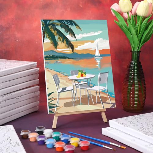 Zhanmai 72 Pcs 12 Sets Sip and Paint Kit Pre Drawn Canvas for Painting 8" x 10" Paint Party Canvas Painting Pre Printed Canvases for Party Favor DIY Virtual Adult's Date Night(Hawaii Landscape) - style: Beach Scenery