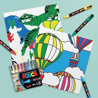 POSCA Canvas Paint by Number Kit, Sea & Sky - 8 Acrylic Markers with 2 Pre-Drawn Canvases - Gift Set for Artists, Adults and Kids - color: Sea & Sky