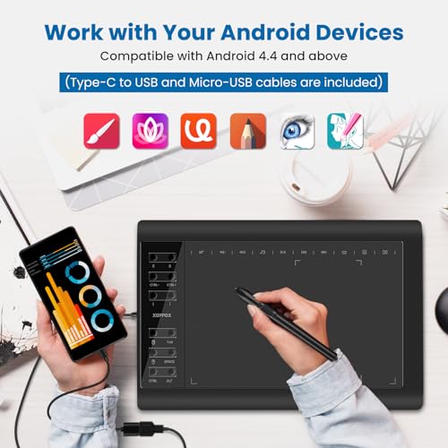 Graphics Drawing Tablet, 10×6 Inch Large Active Area with Battery-Free Stylus, 8192 Levels of Pen Pressure and 12 Hot Keys, Compatible with PC/Mac/Android for Painting, Design & Online Teaching